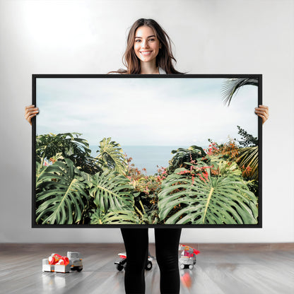 45700479-MGV-CV-36X24-Monstera Leaves Wall Art Canvas Print, Framed Tropical Ocean Art Picture Print, Tropical Foliage Perfect Tropical Coastal Jungle