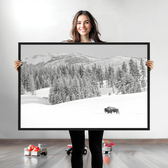 68081143-MGV-CV-36X24-Snowy Bison Wall Art Canvas Print, Framed Winter Forest Art Picture Print, Lone Bison Perfect Monochrome Winter Wild Decor Artwork