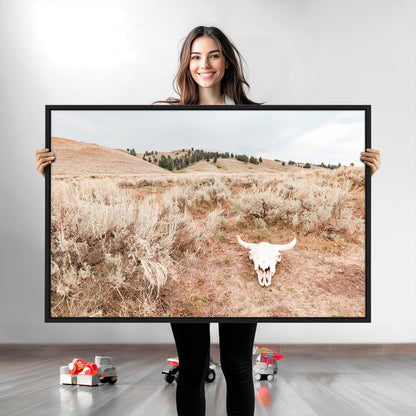 97234735-MGV-CV-36X24-Rustic Bones Wall Art Canvas Print, Framed Desert Sage Art Picture Print, Prairie Skull Perfect Minimal Rustic Decor Artwork