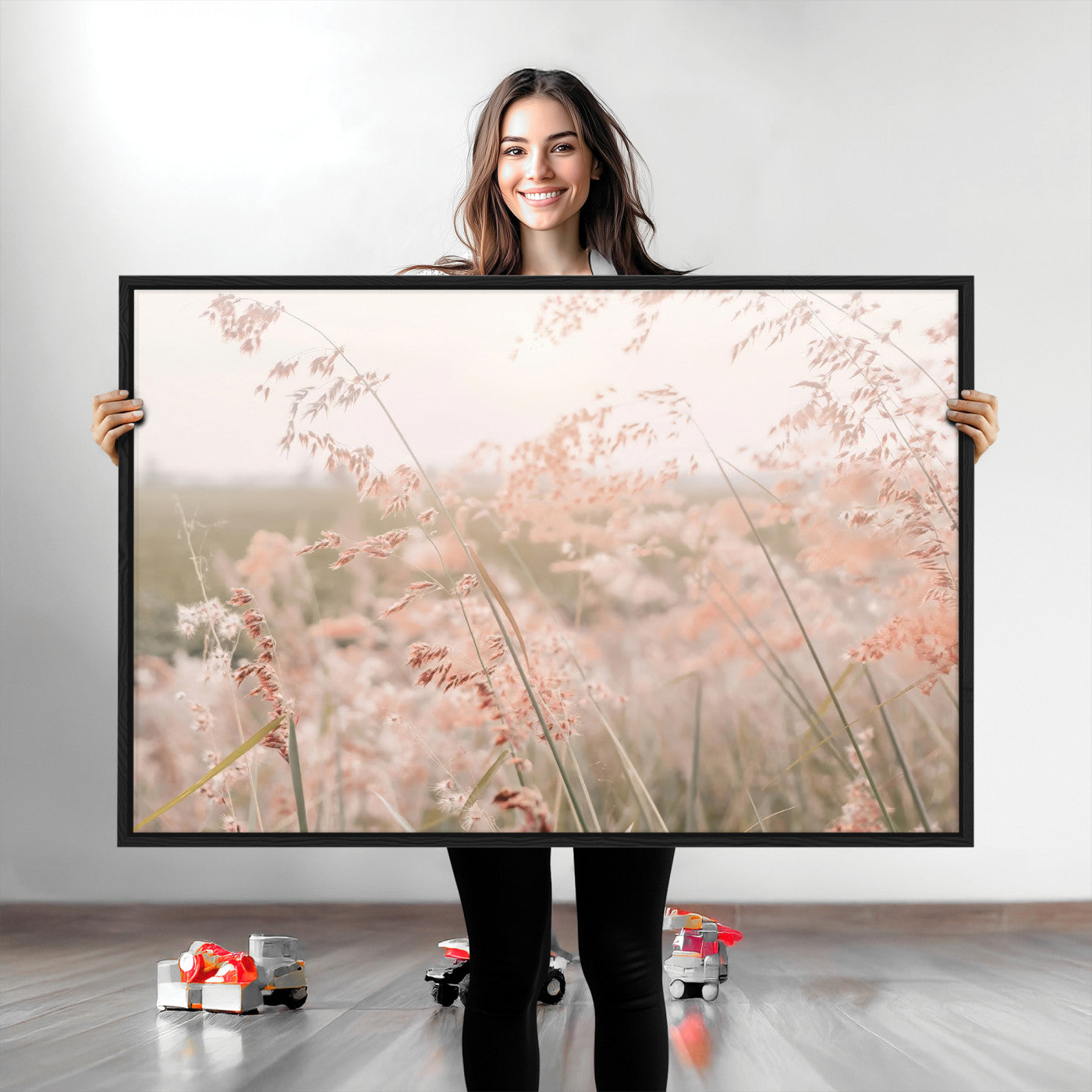 79164340-MGV-CV-36X24-Pastel Grasses Wall Art Canvas Print, Framed Soft Meadow Art Picture Print, Field in Breeze Perfect Pastel Minimal Decor Artwork