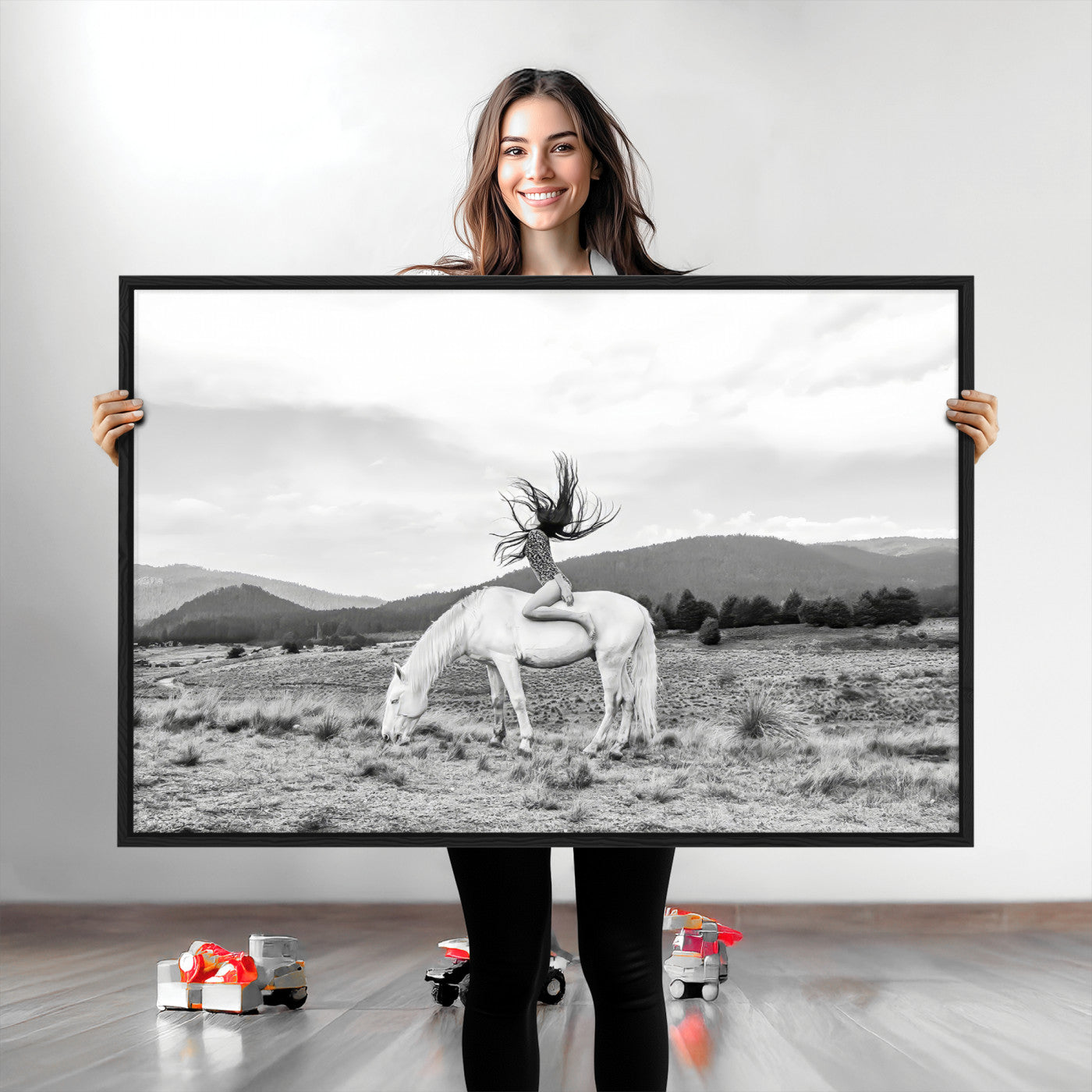62789800-MGV-CV-36X24-White Horse Wall Art Canvas Print, Framed Woman Rider Art Picture Print, Equestrian Pose Perfect Western Boho Decor Artwork