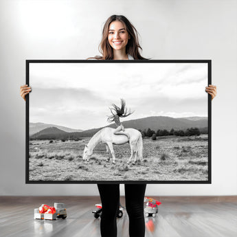 62789800-MGV-CV-36X24-White Horse Wall Art Canvas Print, Framed Woman Rider Art Picture Print, Equestrian Pose Perfect Western Boho Decor Artwork