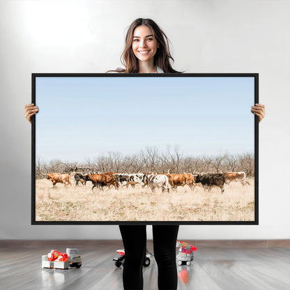 16563092-MGV-CV-36X24-Texas Longhorns Wall Art Canvas Print, Framed Western Cattles Art Picture Print, Rustic Herd Perfect Rustic Farmhouse Decor
