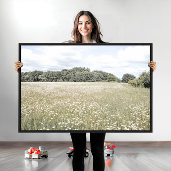 43258946-MGV-CV-36X24-Daisy Field Wall Art Canvas Print, Framed Pastel Flower Art Picture Print, Meadow Bloom Perfect Scandinavian Minimalist Decor