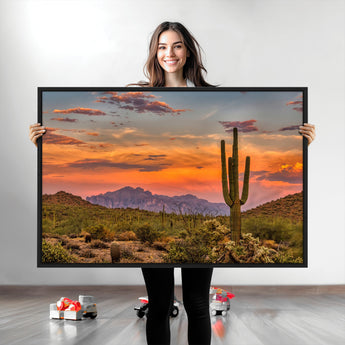 25332783-MGV-CV-36X24-Saguaro Cactus Wall Art Canvas Print, Framed Arizona Sunset Art Picture Print, Sonoran Desert Perfect Southwestern Boho Decor