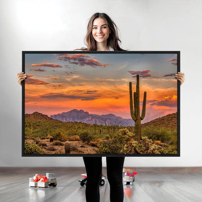 25332783-MGV-CV-36X24-Saguaro Cactus Wall Art Canvas Print, Framed Arizona Sunset Art Picture Print, Sonoran Desert Perfect Southwestern Boho Decor