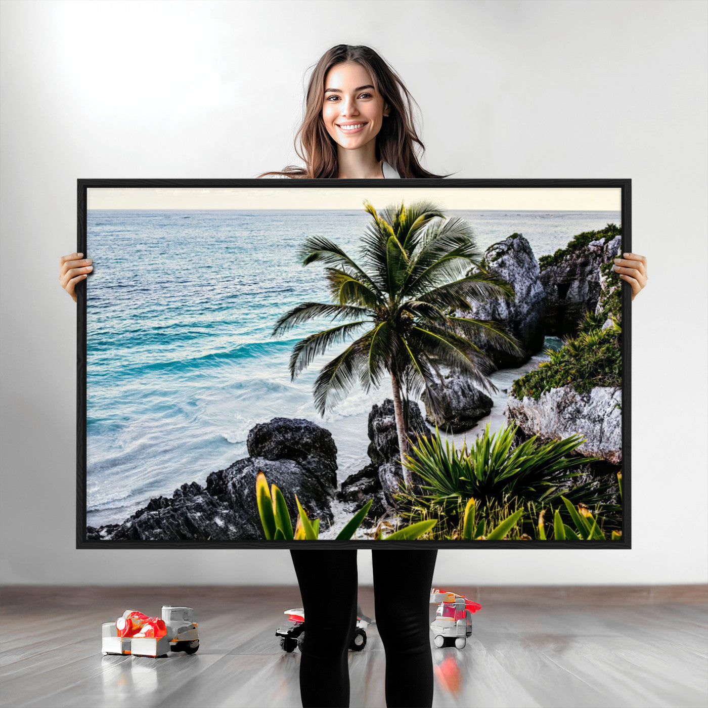 94669907-MGV-CV-36X24-Tropical Coastline Wall Art Canvas Print, Framed Palm Tree Art Picture Print, Rocky Beach Perfect Tropical Coastal Decor Artwork