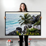 94669907-MGV-CV-36X24-Tropical Coastline Wall Art Canvas Print, Framed Palm Tree Art Picture Print, Rocky Beach Perfect Tropical Coastal Decor Artwork