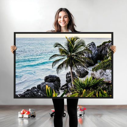 94669907-MGV-CV-36X24-Tropical Coastline Wall Art Canvas Print, Framed Palm Tree Art Picture Print, Rocky Beach Perfect Tropical Coastal Decor Artwork