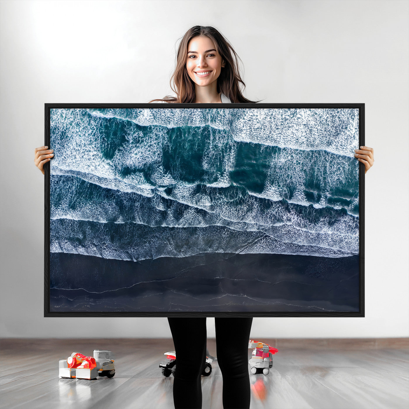 87941475-MGV-CV-36X24-Black Beach Wall Art Canvas Print, Framed Aerial Ocean Art Picture Print, Moody Coastal Perfect Modern Coastal Decor Artwork