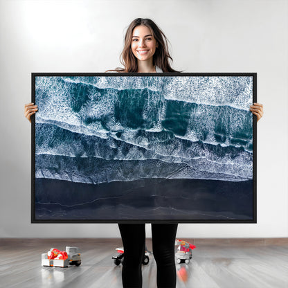 87941475-MGV-CV-36X24-Black Beach Wall Art Canvas Print, Framed Aerial Ocean Art Picture Print, Moody Coastal Perfect Modern Coastal Decor Artwork