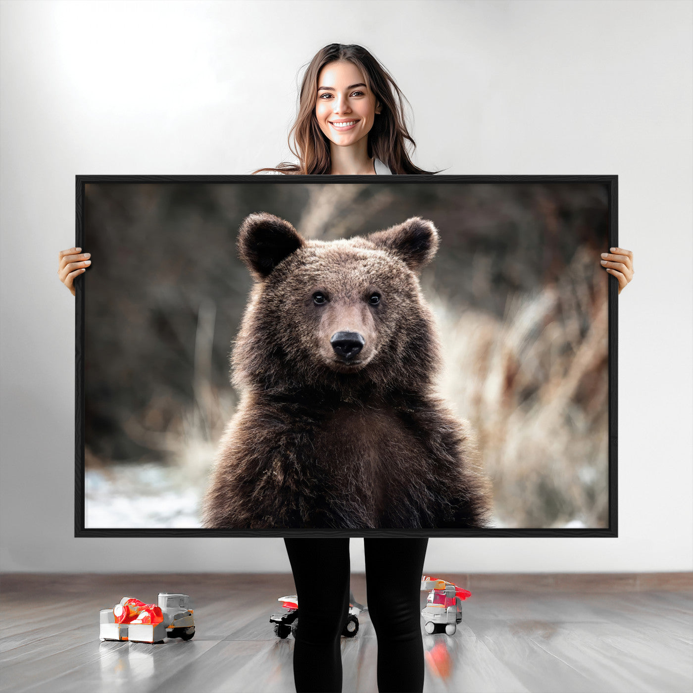 47112103-MGV-CV-36X24-Brown Bear Wall Art Canvas Print, Framed Forest Wildlife Art Picture Print, Woodland Bear Perfect Rustic Cabin Decor Artwork