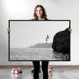 52284302-MGV-CV-36X24-Cliff Jumping Wall Art Canvas Print, Framed Ocean Adventure Art Picture Print, Black White Coast Perfect Modern Coastal Decor
