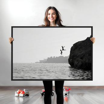 52284302-MGV-CV-36X24-Cliff Jumping Wall Art Canvas Print, Framed Ocean Adventure Art Picture Print, Black White Coast Perfect Modern Coastal Decor