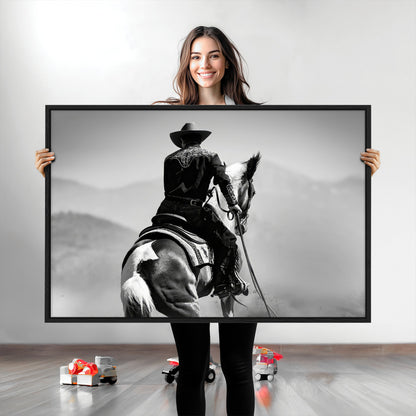 83102464-MGV-CV-36X24-Western Cowboy Wall Art Canvas Print, Framed Monochrome Horse Art Picture Print, Western Equestrian Perfect Rustic Western Decor