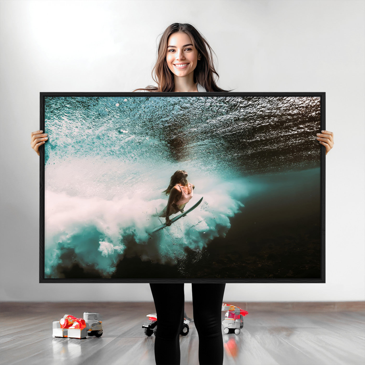 85923512-MGV-CV-36X24-Aquatic Motion Wall Art Canvas Print, Framed Underwater Swimming Art Picture Print, Female Surfer Diving Perfect Coastal Boho