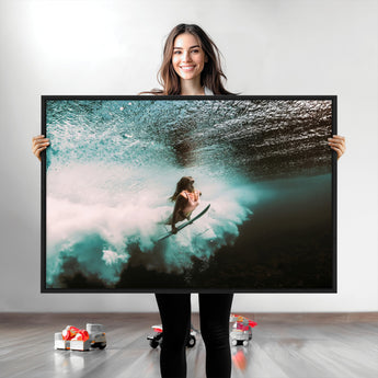 85923512-MGV-CV-36X24-Aquatic Motion Wall Art Canvas Print, Framed Underwater Swimming Art Picture Print, Female Surfer Diving Perfect Coastal Boho