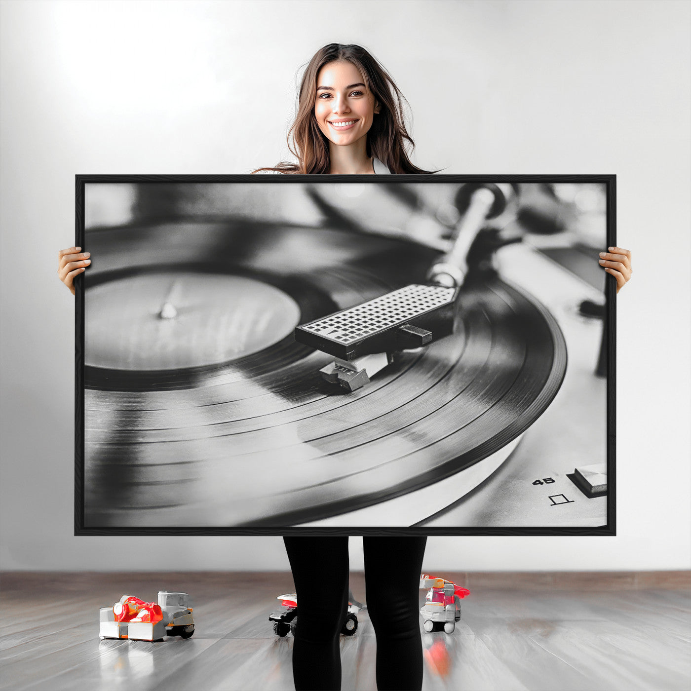 41253898-MGV-CV-36X24-Vinyl Record Wall Art Canvas Print, Framed Turntable Close Art Picture Print, Retro Vibes Perfect Vintage Industrial Decor Artwork