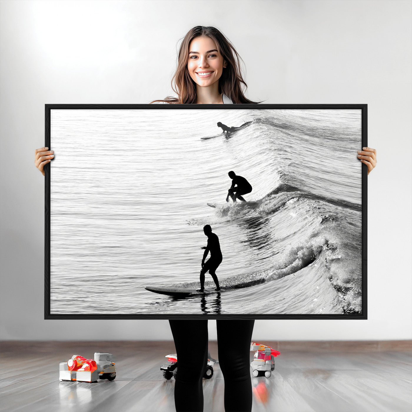 19875284-MGV-CV-36X24-Surfer Waves Wall Art Canvas Print, Framed Black White Surf Art Picture Print, Monochrome Ocean Perfect Modern Coastal Decor