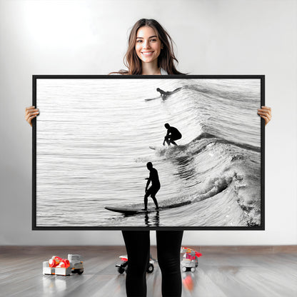 19875284-MGV-CV-36X24-Surfer Waves Wall Art Canvas Print, Framed Black White Surf Art Picture Print, Monochrome Ocean Perfect Modern Coastal Decor