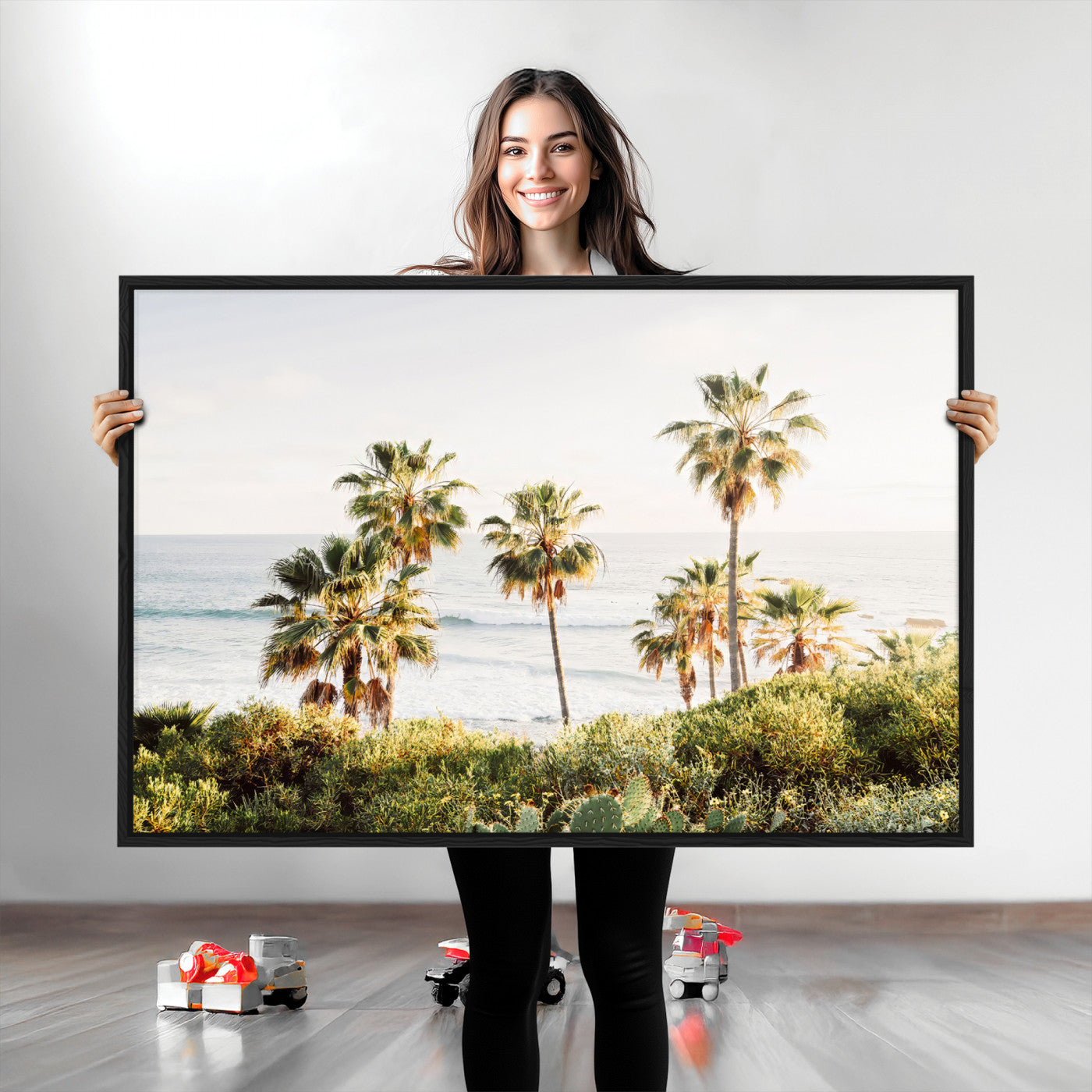 94707294-MGV-CV-36X24-California Coast Wall Art Canvas Print, Framed Palm Trees Art Picture Print, Coastal Landscape Perfect Coastal Minimalist Decor