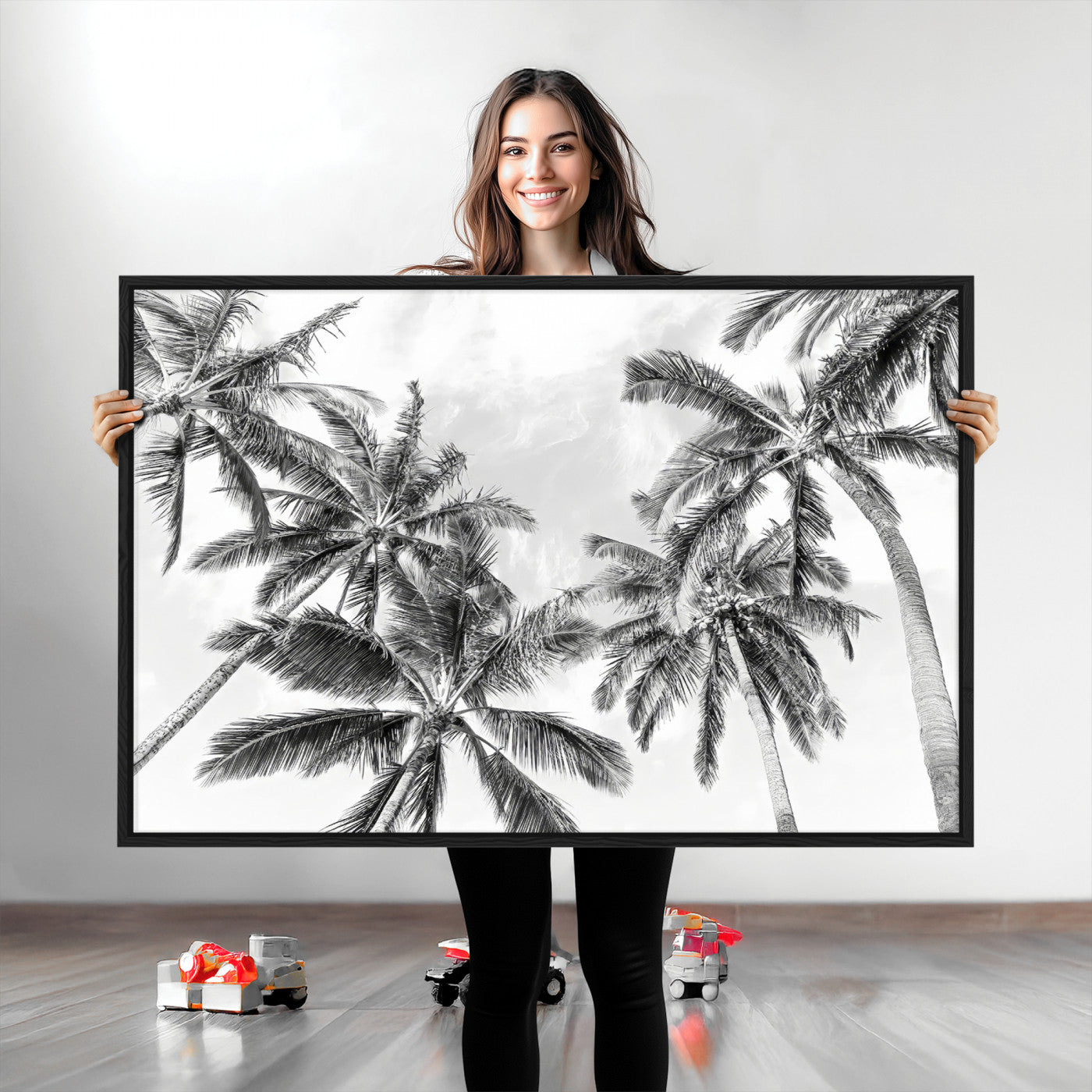 62113786-MGV-CV-36X24-Black White Palm Wall Art Canvas Print, Framed Monochrome Tropics Art Picture Print, Minimalist Beach Perfect Coastal Minimalist