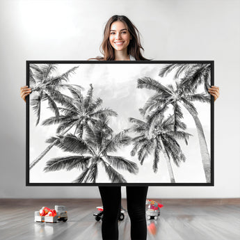 62113786-MGV-CV-36X24-Black White Palm Wall Art Canvas Print, Framed Monochrome Tropics Art Picture Print, Minimalist Beach Perfect Coastal Minimalist