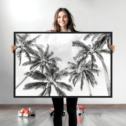62113786-MGV-CV-36X24-Black White Palm Wall Art Canvas Print, Framed Monochrome Tropics Art Picture Print, Minimalist Beach Perfect Coastal Minimalist