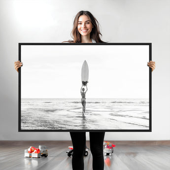 98446901-MGV-CV-36X24-Monochrome Surf Wall Art Canvas Print, Framed Minimalist Surfer Art Picture Print, Surfboard Silhouette Perfect Coastal Minimalist