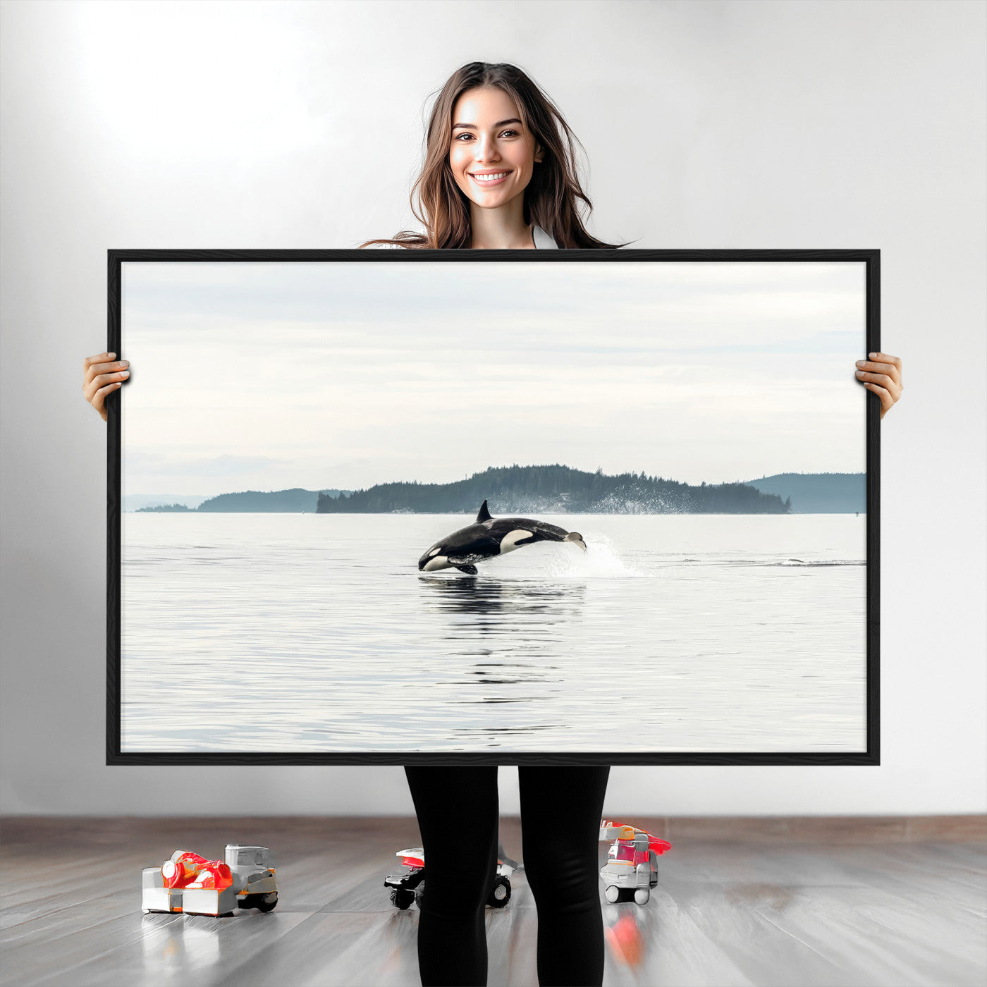 10157174-MGV-CV-36X24-Orca Whale Wall Art Canvas Print, Framed Black White Whale Art Picture Print, Minimalist Ocean Perfect Coastal Minimalist Decor