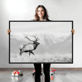62278753-MGV-CV-36X24-Monochrome Elk Wall Art Canvas Print, Framed Mountain Wildlife Art Picture Print, Rustic Nature Perfect Rustic Minimalist Decor