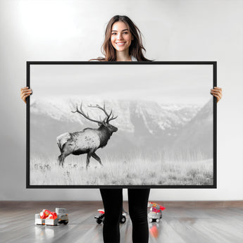 62278753-MGV-CV-36X24-Monochrome Elk Wall Art Canvas Print, Framed Mountain Wildlife Art Picture Print, Rustic Nature Perfect Rustic Minimalist Decor
