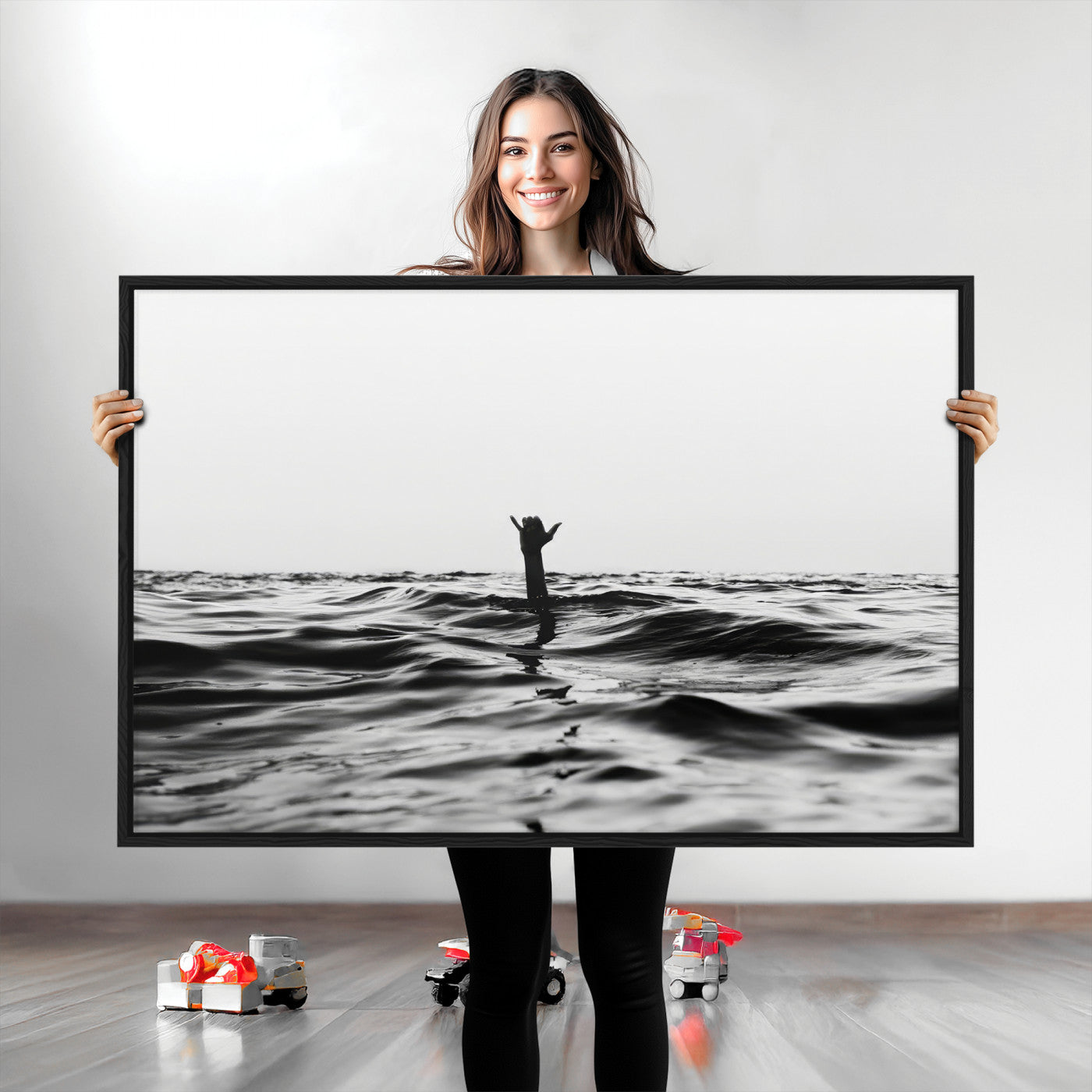 69541918-MGV-CV-36X24-Black White Ocean Wall Art Canvas Print, Framed Moody Seascape Art Picture Print, Surfer Sign Perfect Moody Minimalist Decor