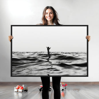 69541918-MGV-CV-36X24-Black White Ocean Wall Art Canvas Print, Framed Moody Seascape Art Picture Print, Surfer Sign Perfect Moody Minimalist Decor