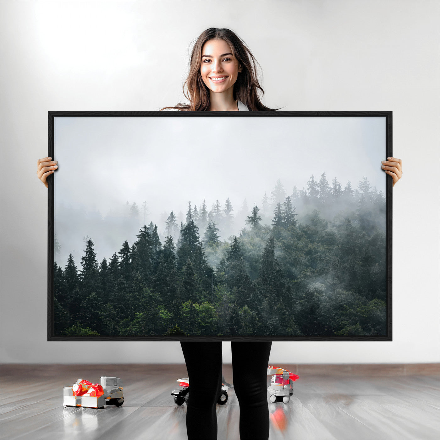 84146572-MGV-CV-36X24-Foggy Pine Trees Wall Art Canvas Print, Framed Forest Nature Art Picture Print, Evergreen Forest Perfect Scandinavian Minimalist