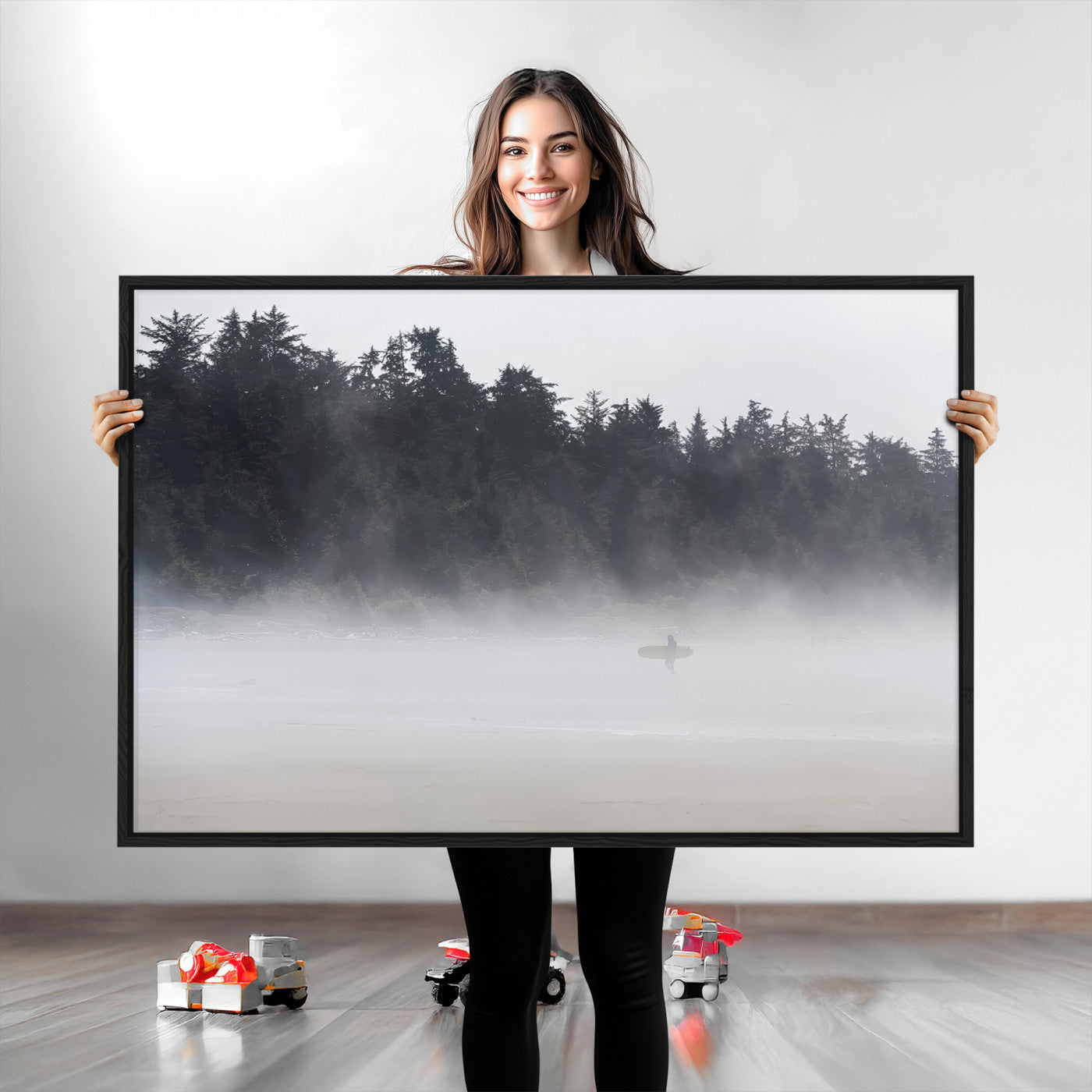 59703275-MGV-CV-36X24-Surfer in Fog Wall Art Canvas Print, Framed Foggy Beach Art Picture Print, Coastal Surf Perfect Moody Coastal Decor Artwork