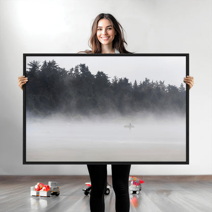 59703275-MGV-CV-36X24-Surfer in Fog Wall Art Canvas Print, Framed Foggy Beach Art Picture Print, Coastal Surf Perfect Moody Coastal Decor Artwork