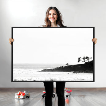 40875891-MGV-CV-36X24-SurferCliffs Wall Art Canvas Print, Framed Black White Beach Art Picture Print, Ocean Waves Perfect Minimalist Coastal Decor