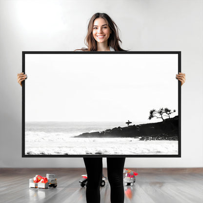 40875891-MGV-CV-36X24-SurferCliffs Wall Art Canvas Print, Framed Black White Beach Art Picture Print, Ocean Waves Perfect Minimalist Coastal Decor