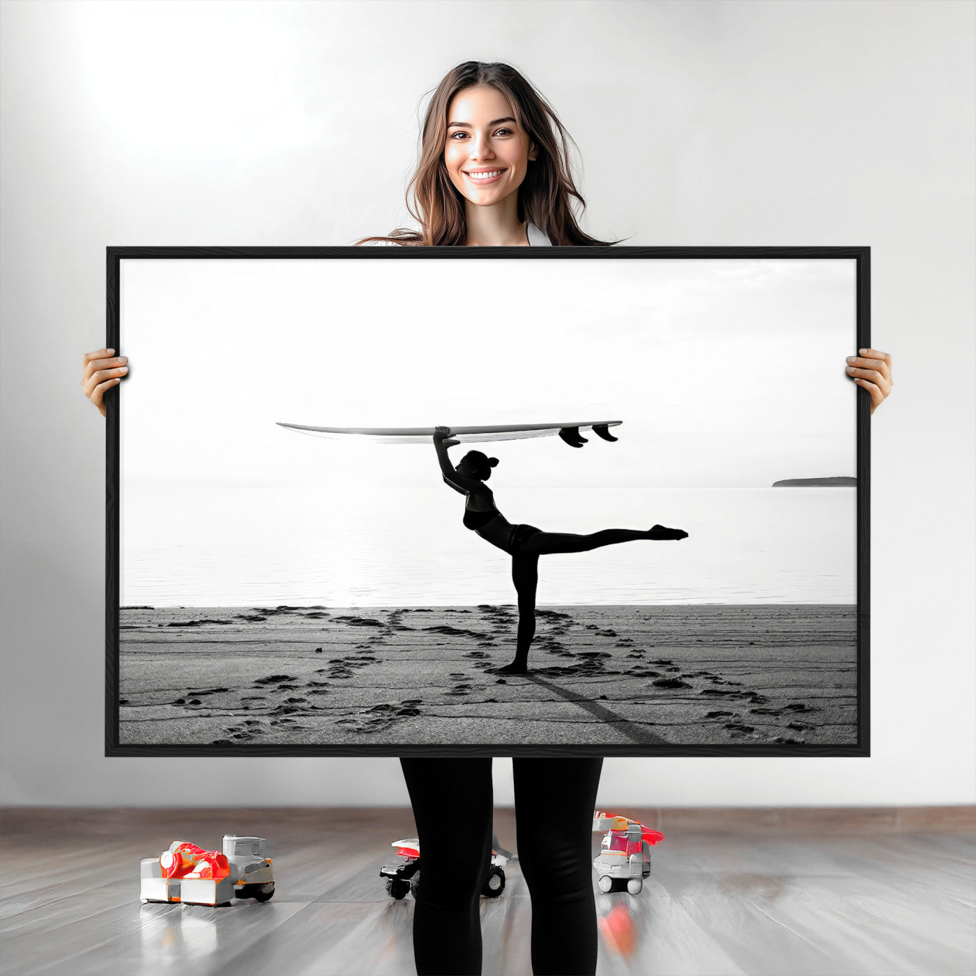 28441356-MGV-CV-36X24-Yoga Surf Wall Art Canvas Print, Framed Black White Shore Art Picture Print, Peaceful Ocean Perfect Minimalist Coastal Decor