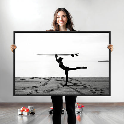 28441356-MGV-CV-36X24-Yoga Surf Wall Art Canvas Print, Framed Black White Shore Art Picture Print, Peaceful Ocean Perfect Minimalist Coastal Decor