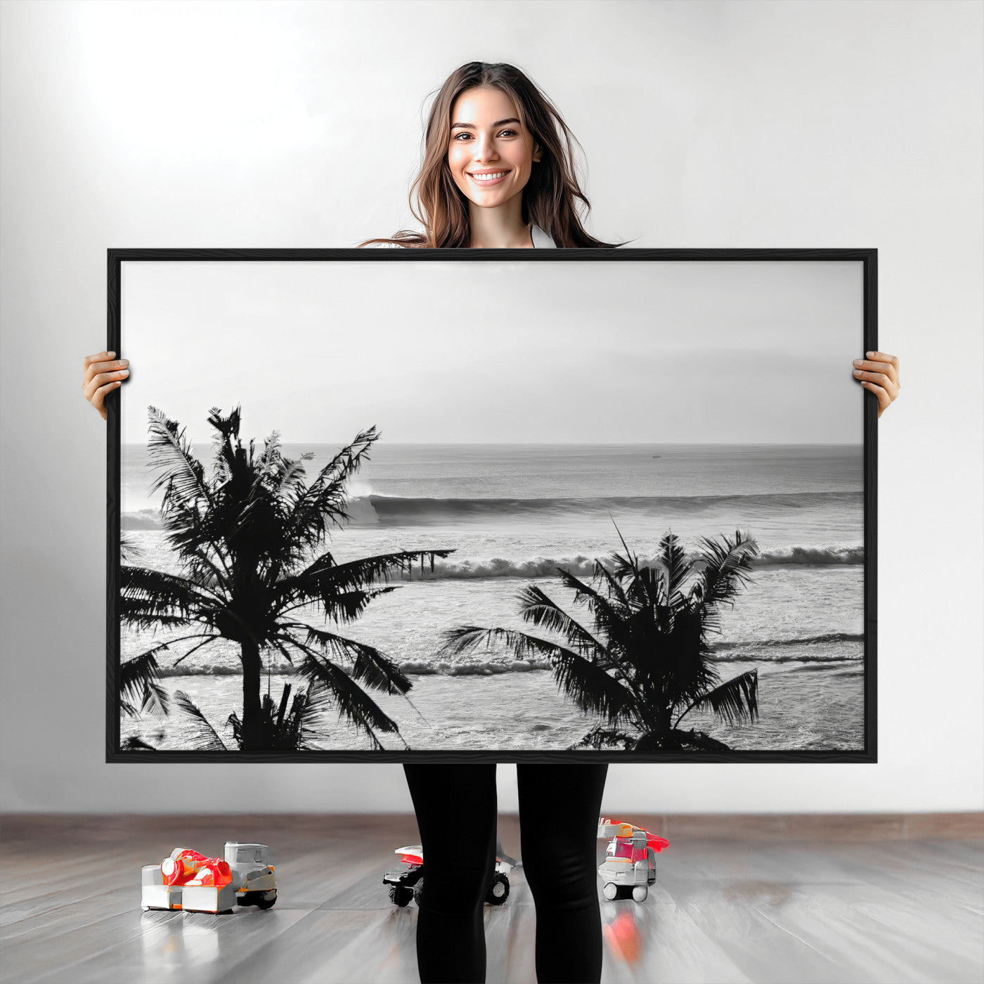 17508038-MGV-CV-36X24-Tropical Coastline Wall Art Canvas Print, Framed Palm Trees Art Picture Print, Ocean Waves Perfect Minimalist Coastal Decor