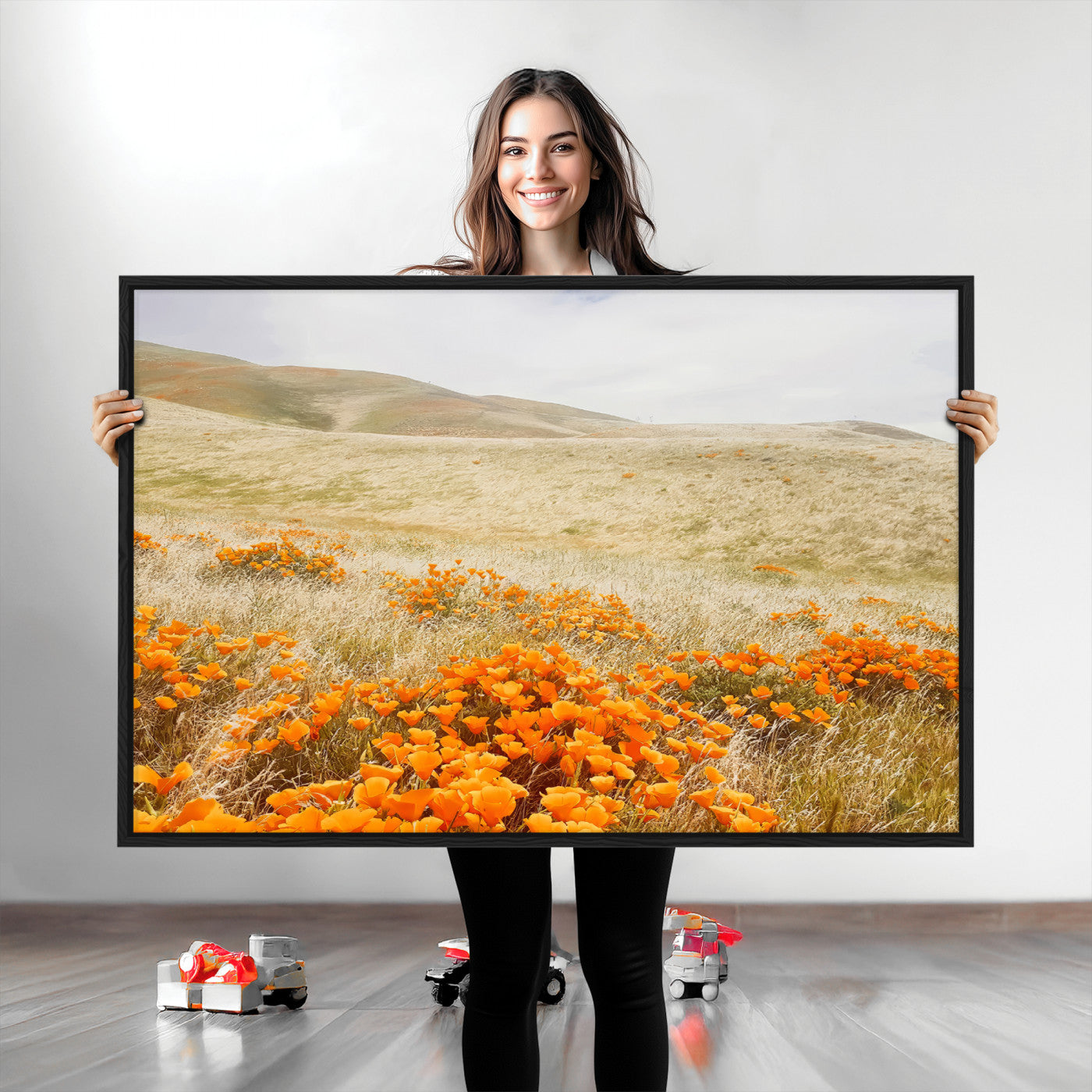 28972262-MGV-CV-36X24-Golden Wildflowers Wall Art Canvas Print, Framed Hills Bloom Art Picture Print, Poppy Meadow Perfect Rustic Nature Decor Artwork