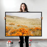 28972262-MGV-CV-36X24-Golden Wildflowers Wall Art Canvas Print, Framed Hills Bloom Art Picture Print, Poppy Meadow Perfect Rustic Nature Decor Artwork