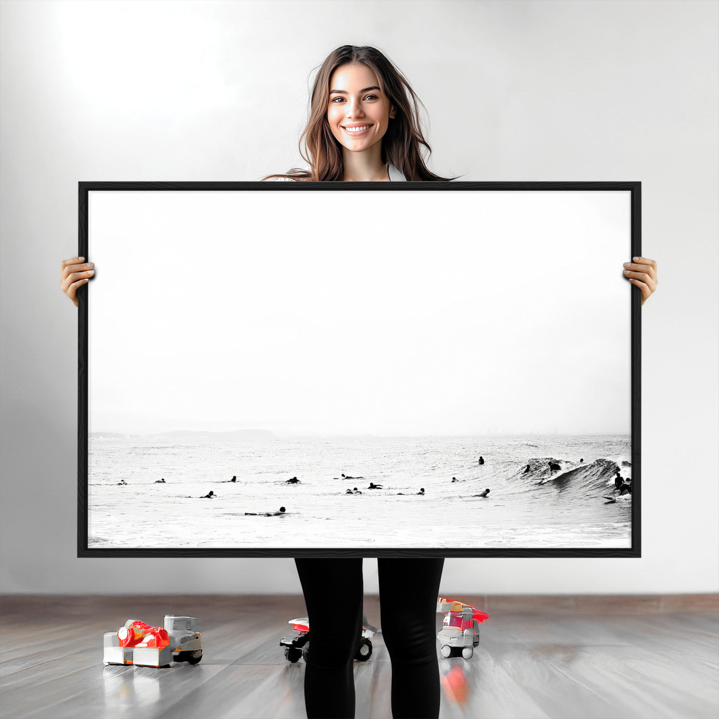 38441169-MGV-CV-36X24-Monochrome Swimming Wall Art Canvas Print, Framed Ocean Horizon Art Picture Print, Moody Coastal Perfect Minimalist Coastal Decor