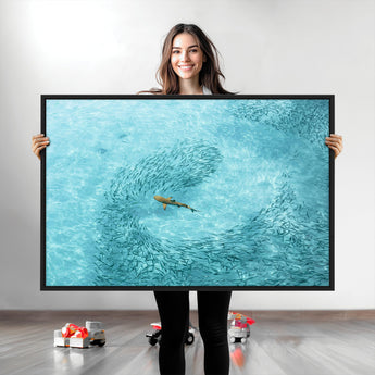 43671474-MGV-CV-36X24-Fish Swarm Wall Art Canvas Print, Framed Marine Life Art Picture Print, Shark Aerial Perfect Wildlife Coastal Decor Artwork
