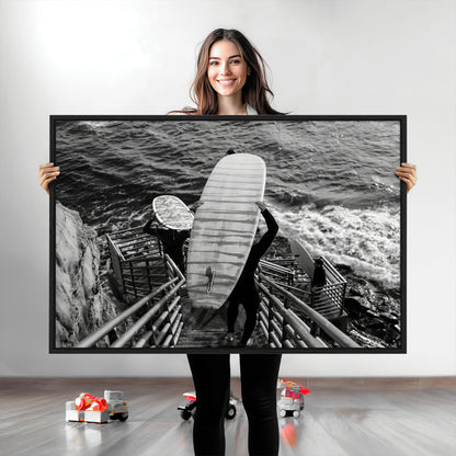 32353707-MGV-CV-36X24-Black White Surfing Wall Art Canvas Print, Framed Coastal Surfing Art Picture Print, Wave Riders Perfect Coastal Adventure Decor