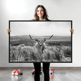 24051061-MGV-CV-36X24-Monochrome Highland Cow Wall Art Canvas Print, Framed Scottish Bull Art Picture Print, Lone Cattle Perfect Rustic Farmhouse Decor