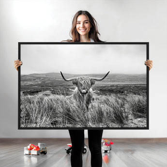 24051061-MGV-CV-36X24-Monochrome Highland Cow Wall Art Canvas Print, Framed Scottish Bull Art Picture Print, Lone Cattle Perfect Rustic Farmhouse Decor