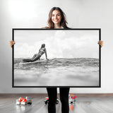69798068-MGV-CV-36X24-Black White Surfing Wall Art Canvas Print, Framed Ocean Horizon Art Picture Print, Surfer Girl Perfect Coastal Adventure Decor